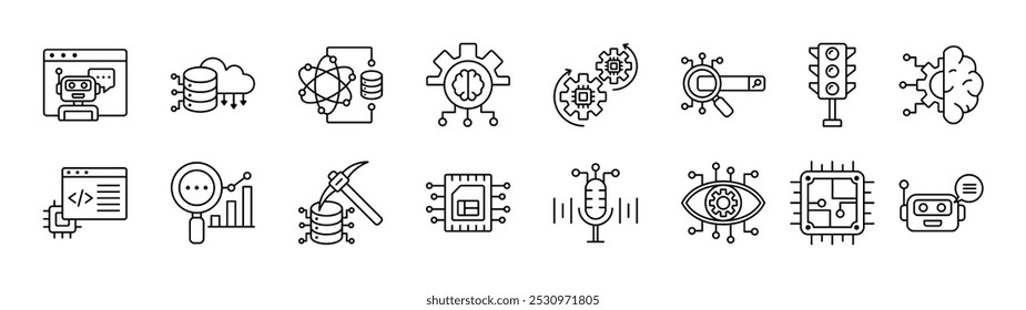 Dünnlinien-Symbolsatz für künstliche Intelligenz. Enthaltene Hilfe virtueller Assistent, Cloud-Speicherung, Data Science, Deep Learning, Automatisierung