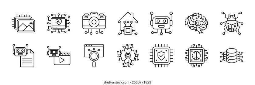 Artificial intelligence thin line icon set. Containing image, medication, camera, home, robot process