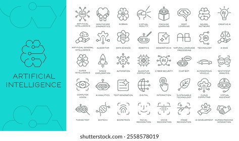 Artificial intelligence thin line icon set for website and app. Outline symbol collection related to ai, technology, automation, innovation. Modern style. Editable vector stroke. 256x256 Pixel Perfect