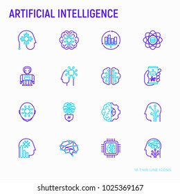 Artificial intelligence thin line icons set: robot, brain, machine learning, marketing analytics, cpu, chip, voice assistant. Modern vector illustration.