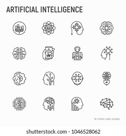 Artificial intelligence thin line icons set: robot, brain, machine learning, marketing analytics, cpu, chip, voice assistant. Modern vector illustration.