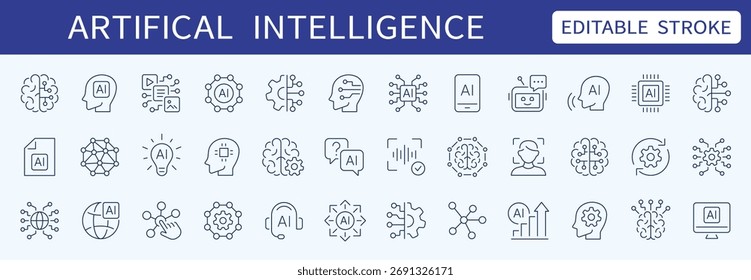 Artificial intelligence thin line icons set. AI, algorithm, technology editable stroke icon. Vector