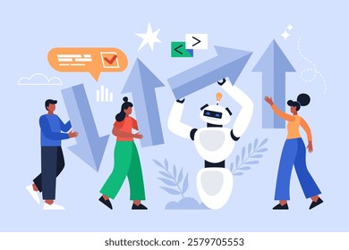 Artificial intelligence tool for business transformation to better result concept. Modern vector illustration of people using AI technology and holding arrows, changing direction