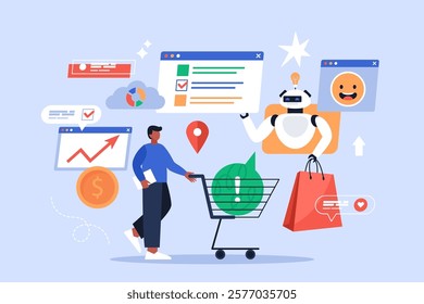 Artificial intelligence tool for customer journey mapping business concept. Modern vector illustration of people using AI technology for customer support and marketing