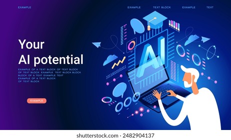 Artificial intelligence tool for data analysis. AI technology for charts and marketing strategy. Training for AI engineers. Using AI. Security and Innovative AI. 3D illustration.