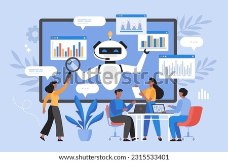 Artificial intelligence tool for data analysis business concept. Modern vector illustration of people using AI technology for charts and marketing strategy