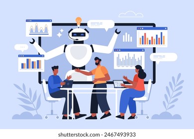 Artificial intelligence tool for future trends analysis business concept. Modern vector illustration of people using AI technology for machine learning and improvement