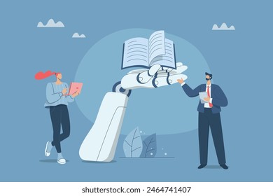 Artificial intelligence tools for business ideas with data analysis, AI, promoting important information and supporting business with new innovations, Business team with a robot arm holding books.