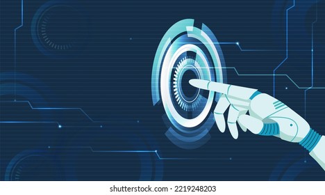 Artificial intelligence touching digital interface. Bionic hand pointing gesture to futuristic tech ui. Cyborg or AI hand touch illustration