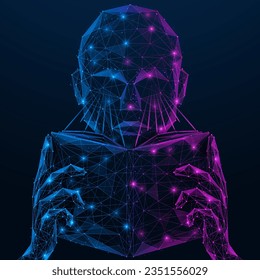 Artificial intelligence training. A cyborg reading a book. Polygonal design of interconnected lines and points. Blue background.