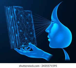 Artificial intelligence training. The humanoid holds a digital book in his hand.