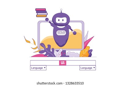 Artificial Intelligence Translates Text Online. Vector Illustration on White Background. Chatbot on Background Computer Display Shows Stack Dictionaries from which Takes Words for Translation.
