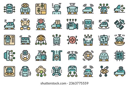 Artificial intelligence in transport icons set outline vector. Digital car. City road thin line color flat on white isolated