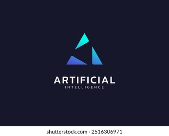 Inteligencia artificial con tecnología de Formas geométricas de triángulo Concepto de diseño de Vector de logotipo de análisis. Símbolo de logotipo de tecnología de IA para tecnología avanzada, interfaz de usuario, identidad, nueva tecnología, automatización, robot.