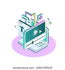 Artificial intelligence turns text into video. Isometric minimalist style. Large monitor. Service for generating footages. Neural Network vector illustration