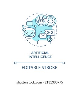 Icono de concepto turquesa de inteligencia artificial. Aprendizaje automático. Importante ilustración de línea delgada de idea abstracta de habilidades digitales. Dibujo de contorno aislado. Trazo editable. Fuentes Arial, Myriad Pro-Bold utilizadas