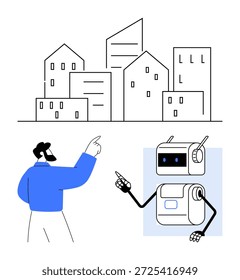 Inteligencia artificial, planificación urbana, integración tecnológica, interacción hombre-robot, innovación, conceptos de ciudades futuras. Un hombre señala una ciudad con un robot a su lado. Inteligencia artificial