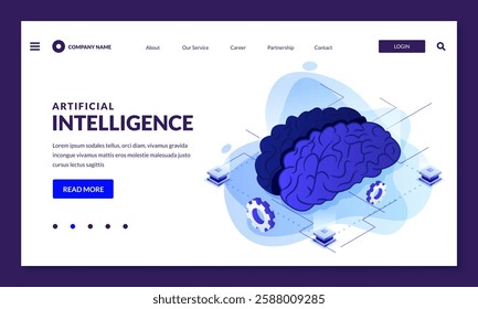 Artificial intelligence vector 3d isometric illustration. Human brain and mechanism cogwheels. Science, robotic engineering, future technology concept. Poster banner design