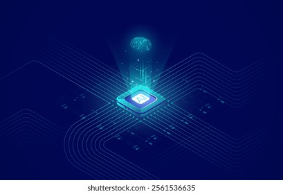 Artificial Intelligence vector banner, Isometric AI chip background on technology blue background. Deep Learning, Machine Learning, and Technological Digital Brain Ai Concepts, ai icon.