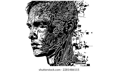 Artificial intelligence vector black line illustration isolated white. Sketch art