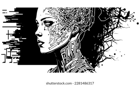 Artificial intelligence vector black line illustration isolated white. Sketch art