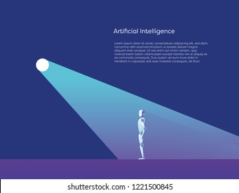 Artificial intelligence vector concept with ai robot standing in spotlight. Symbol of future advanced technology, progress and innovation. Eps10 vector illustration.