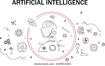 Artificial intelligence vector concept with icons. Black and white illustration of data science with space for text. Hand drawn  doodle banner