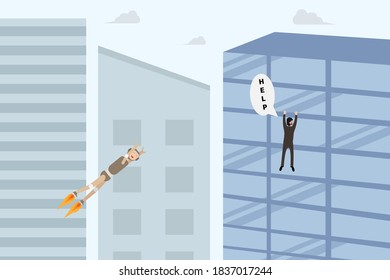 Artificial intelligence vector concept: Artificial intelligence robot saving man in dangerous on the building