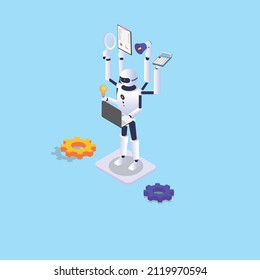 Artificial intelligence vector concept. Robot worker working with many tasks in the office while standing with gears