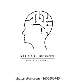 Artificial Intelligence vector icon. Head AI line outline thin flat design sign for web website, mobile app isolated on white. Editable Stroke