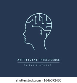Artificial Intelligence vector icon. Head AI line outline thin flat design light sign for web website, mobile app isolated on dark background. Editable Stroke