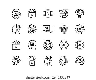 Inteligência Artificial Vetor Icon Set - AI Cérebro, Microchip, Bate-papo, Globo, Lâmpada, Rede Neural, Aprendizagem de Máquina, Assistente de IA, Tecnologia Inteligente, Inovação Digital, Automação, Visão de IA
