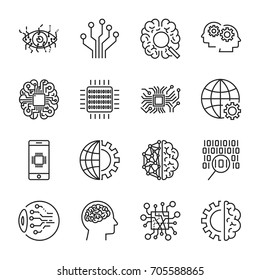 Artificial Intelligence. Vector icon set for artificial intelligence (AI) concept. Various symbols for the topic using flat design. Editable stroke