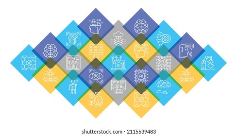 Artificial Intelligence vector icons illustration. Robotics, Chatbot, Database, Big Data promotion icons banner isolated on white background.