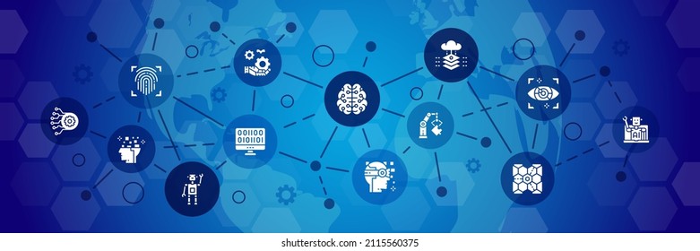 Artificial Intelligence vector icons illustration. Robotics, Chatbot, Database, Big Data typography banner with promotion line icons.