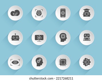 artificial intelligence vector icons on round puffy paper circles with transparent shadows on blue background. artificial intelligence stock vector icons for web, mobile and user interface design