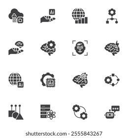 Artificial Intelligence vector icons set, modern solid symbol collection, filled style pictogram pack. Signs, logo illustration. Set includes icons as virtual assistant, chatbot robot, ai technology