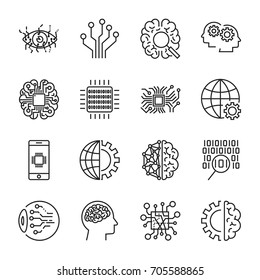 Artificial Intelligence vector icons set for artificial intelligence (AI) concept. Various symbols for the topic using flat design. CPU, AI Chip, digital brain, artificial eye. Editable stroke. EPS 10