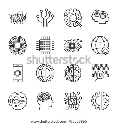 Artificial Intelligence vector icons set for artificial intelligence (AI) concept. Various symbols for the topic using flat design. CPU, AI Chip, digital brain, artificial eye. Editable stroke. EPS 10