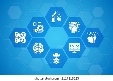 Artificial Intelligence vector illustration for business presentation. Robotics, Chatbot, Database, Big Data web banner template design