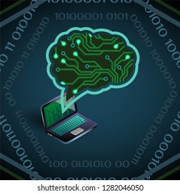 Artificial Intelligence vector illustration of circuit board and laptop on blue