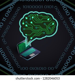 Artificial Intelligence vector illustration of circuit board and laptop on dark