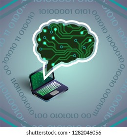 Artificial Intelligence vector illustration of circuit board and laptop on light gray