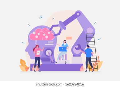 Artificial Intelligence Vector Illustration Concept, Showing Scientist Building Smart AI Robot, Suitable for landing page, ui, web, App intro card, editorial, flyer,and banner