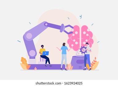 Artificial Intelligence Vector Illustration Concept, Showing Scientist Building Smart AI Robot, Suitable for landing page, ui, web, App intro card, editorial, flyer,and banner
