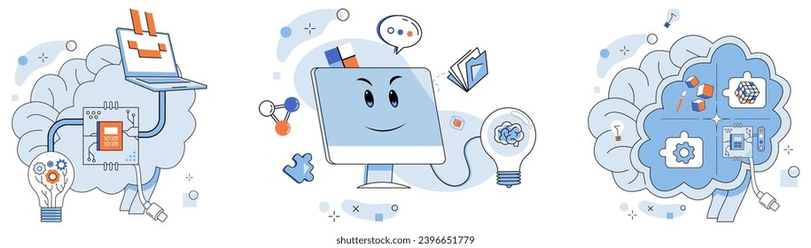 Artificial intelligence vector illustration. A digital brain, powered by algorithms, is beating heart intelligent supercomputer Intelligent bots navigate sea data, guided by compass artificial
