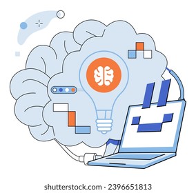 Artificial intelligence vector illustration. A digital brain, powered by algorithms, is beating heart intelligent supercomputer Intelligent bots navigate sea data, guided by compass artificial