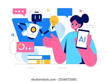 Artificial Intelligence Vector Illustration featuring a Digital Brain, Technology, and Engineering with a Programmer Analyzing Data or Scientific