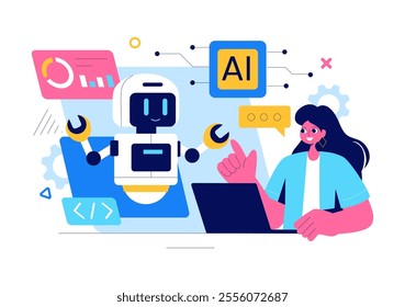 Artificial Intelligence Vector Illustration featuring a Digital Brain, Technology, and Engineering with a Programmer Analyzing Data or Scientific