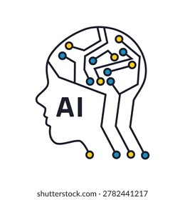 Artificial intelligence vector illustration featuring a human head silhouette combined with circuit board lines and digital nodes